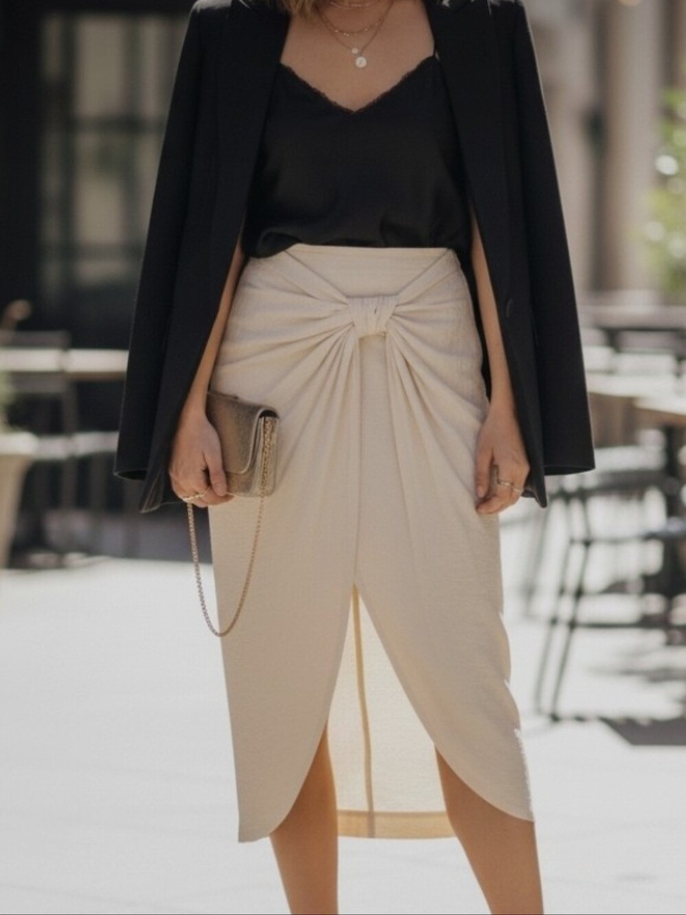 Cream Twist-Front Midi Skirt